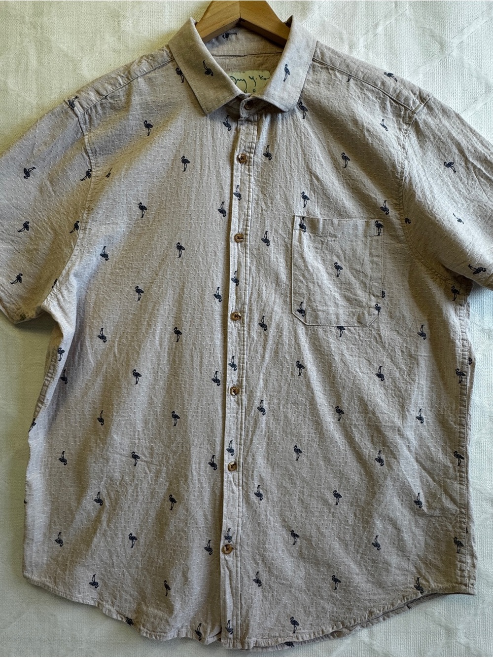 Joey Y Ko Studio Linen Blend Flamingo Print Button Shirt Mens XL Beige Casual